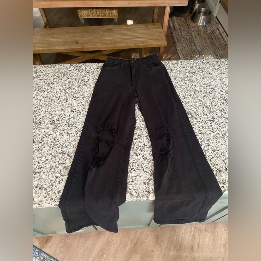 Vibrant Black Ripped Wide Leg Jeans